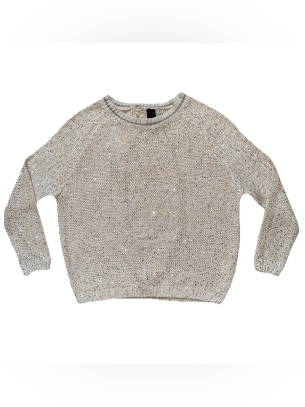 Women Size S Long Sleeve Beige Shirt Sparkle Glitter Knit Back Accent Sweater